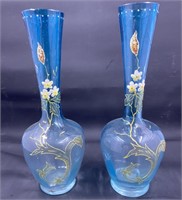 Blue Glass Hand Painted Bud Vase Pair
