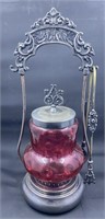 Cranberry Glass Thumbprint Pickle Jar and Tongs