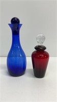 Cobalt blue decanter and ruby glass perfume