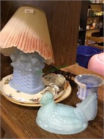 Blue Glass Scottie dog lamp with glass lampshade,