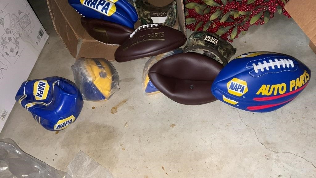 Box of NAPA  memorabilia, hats and deflated