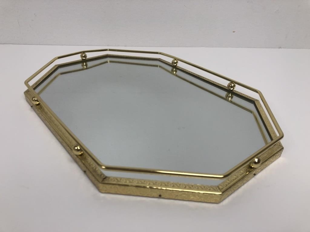 Hollywood Regency Brass Rail Mirrored Vanity Tray