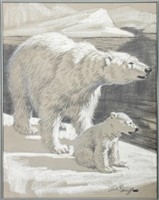 Arthur Sarnoff Two Polar Bears Charcoal on Paper