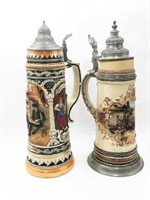 Lot of 2 Antique 3 Liter Pottery Beer Steins.