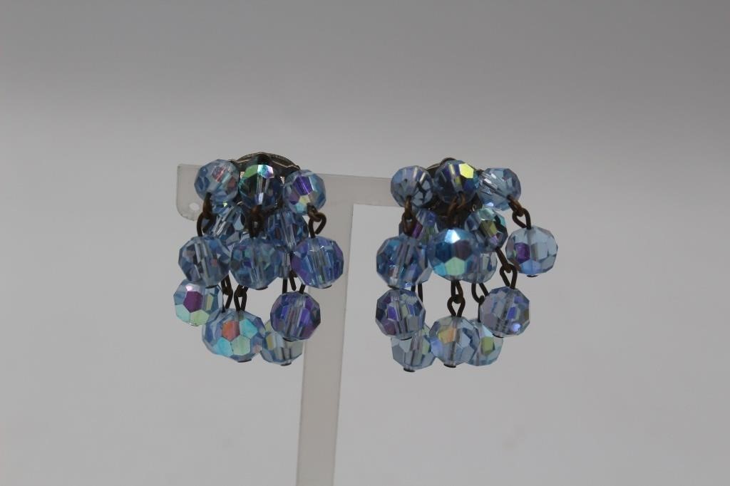 Blue Beaded Clipon Earrings