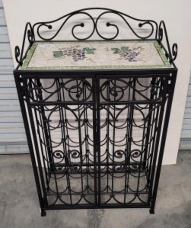 WROUGHT IRON WINE RACK, CAGE STYLE, TILE TOP 24X