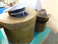 STETSON HAT AND BOX, CAPTAINS HAT, CHEESE BOX