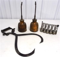 lot of 4 ice tongs, oil cans, changer