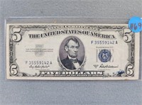 1953A $5.00 Silver Certificate. Buyer must confirm