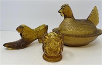 Amber Glass Boot, Hen and Toothpick Holder