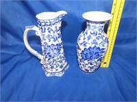 Blue & White Pitcher & Vase