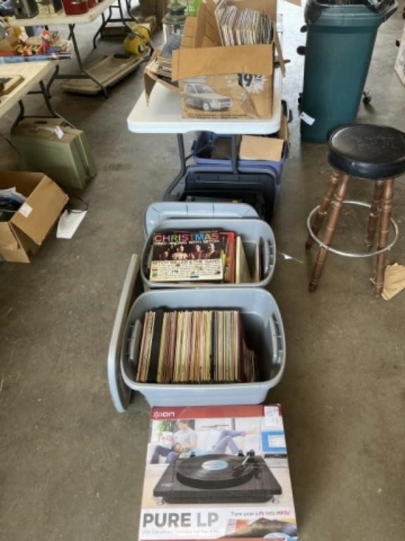 large lot of vintage records and turntable