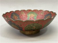 Solid Brass Red & Blue Peacock Bowl VTG