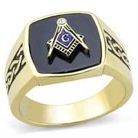 14k Gold Pl 12.66ct Onyx Masonic Design Men's Ring