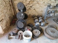 barbell weights, hand weights, bars, bench**