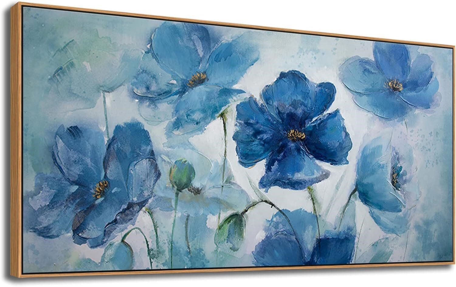 Blue Flowers Wall Art  Dark Frame  60x120