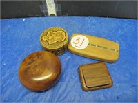 4 UNUSUAL WOOD BOXES, ONE IS A CLOCK