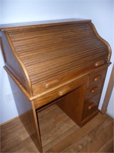 Compact Oak Roll Top Secretary Desk