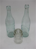 Two 9" Blue Glass Vintage Bottles & 3.5" Insulator
