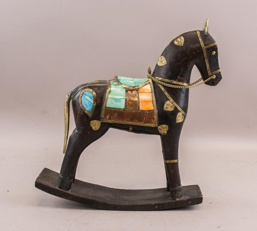 Vintage Black Wood Carved Rocking Horse