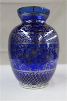Cobalt blue vase with silver plate overlay, 7.5"H