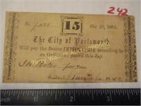15 Cents City of Portsmonth Oct 29th 1862