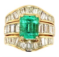 18k Gold 6.36 ct Emerald & Diamond 2pc Ring Set
