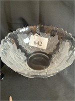 Large frosted.floral bowl. Chipped on rim. 12 in