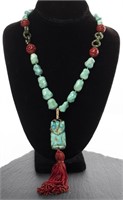 Carved Owl Turquoise, Jade & Cinnabar Necklace