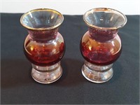 2pc Murano Gilded Cranberry Mini Vases. One Piece