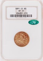 Coin 1891-CC  U.S. $5 Gold  NGC XF 45