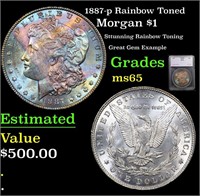 1887-p Morgan Dollar Rainbow Toned $1 Graded ms65