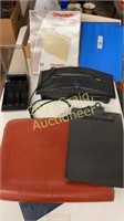 Leather portfolio, paper shredder, file folders,