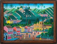Haitian School Village Landscape Oil on Canvas