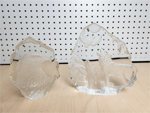 Etched Crystal Howling Wolves/Eagle Paperweights