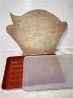 Wooden pig cutting board, Tupperware meat/ hotdog