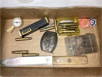 NRA brass buckle, big knife, fishing flies, brass