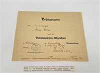 WWI WW1 Prussian German Wound Badge Certificate