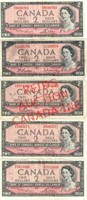FIVE CANADIAN 1954 TWO DOLLAR BILLS