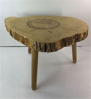 LIVE EDGE FOOT STOOL W/HAND BURNT INDIAN PENNY