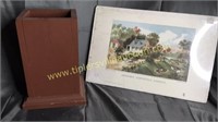 Wooden vase box and currier and Ives print