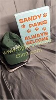 Wooden sandy paws sign and 6 dog walker caps