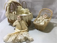 Woven bassinets, dolls w/porcelain hands, head