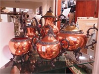 Five-piece vintage copper and metal tea set: