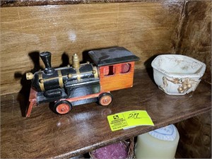 Wooden decorative Train, white bowl.  Third shelf