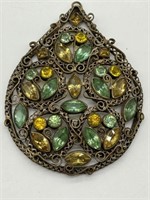 Antique Gold/Brass Filigree Uranium Glass Pendant