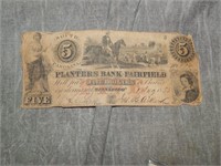 1855 Planters Bank of Fairfield $5 obsolete  Note