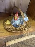 Ceramic chicken and chick in a basket