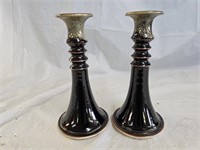 2 Signed Pottery Candlesticks