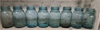 Eight Vintage Blue Quart Mason Jars